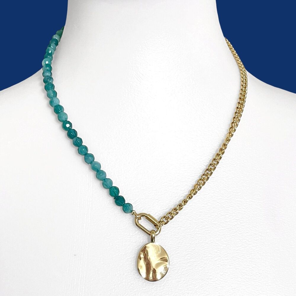 J Crew Half Beaded Chain Necklace Coin Pendant Green Gold Tone Oval Dangle - Picture 2 of 7